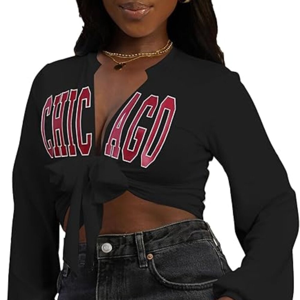 Women Tie Front Tops Sexy Cropped Long Sleeve Deep V Neck Shirt Clubwear - Picture 2 of 4